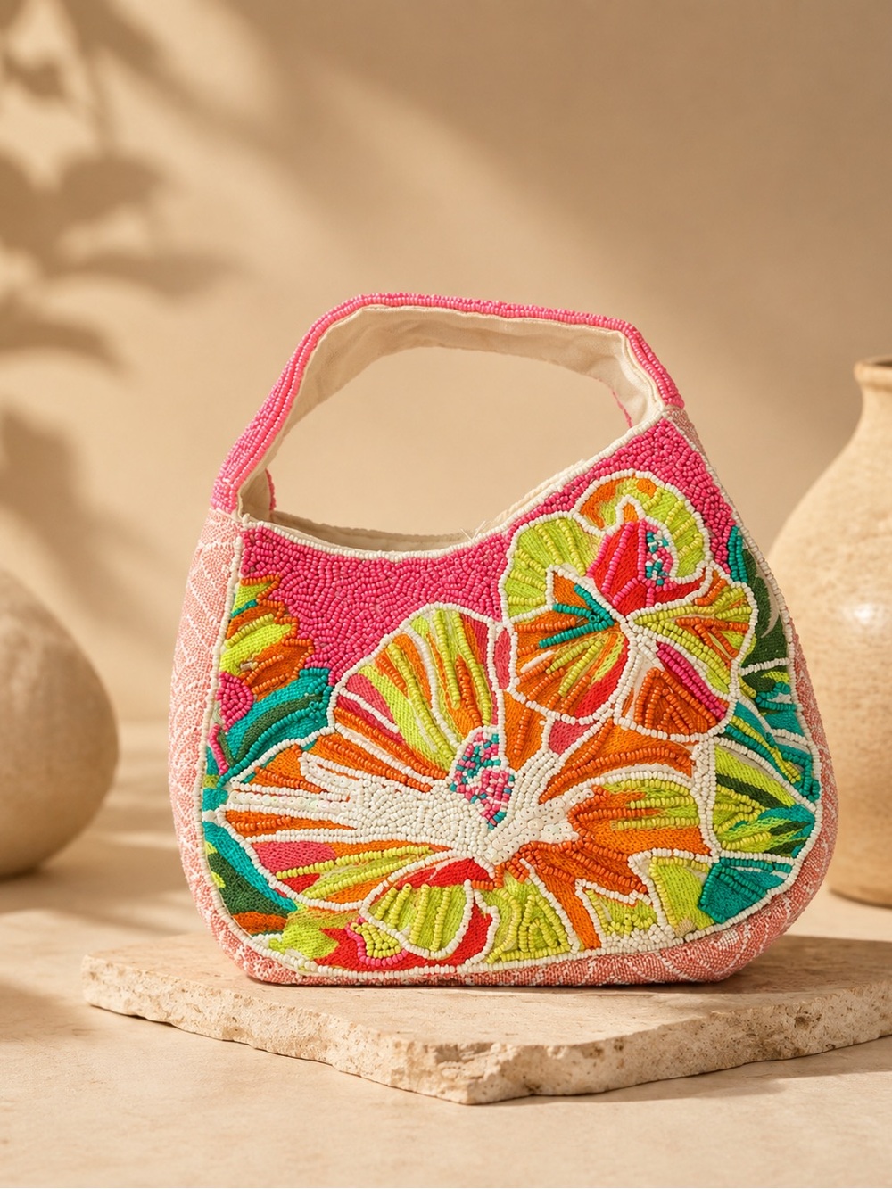 Colorful Hand Beaded Tropical Floral Mini Purse Pink Evening Bag